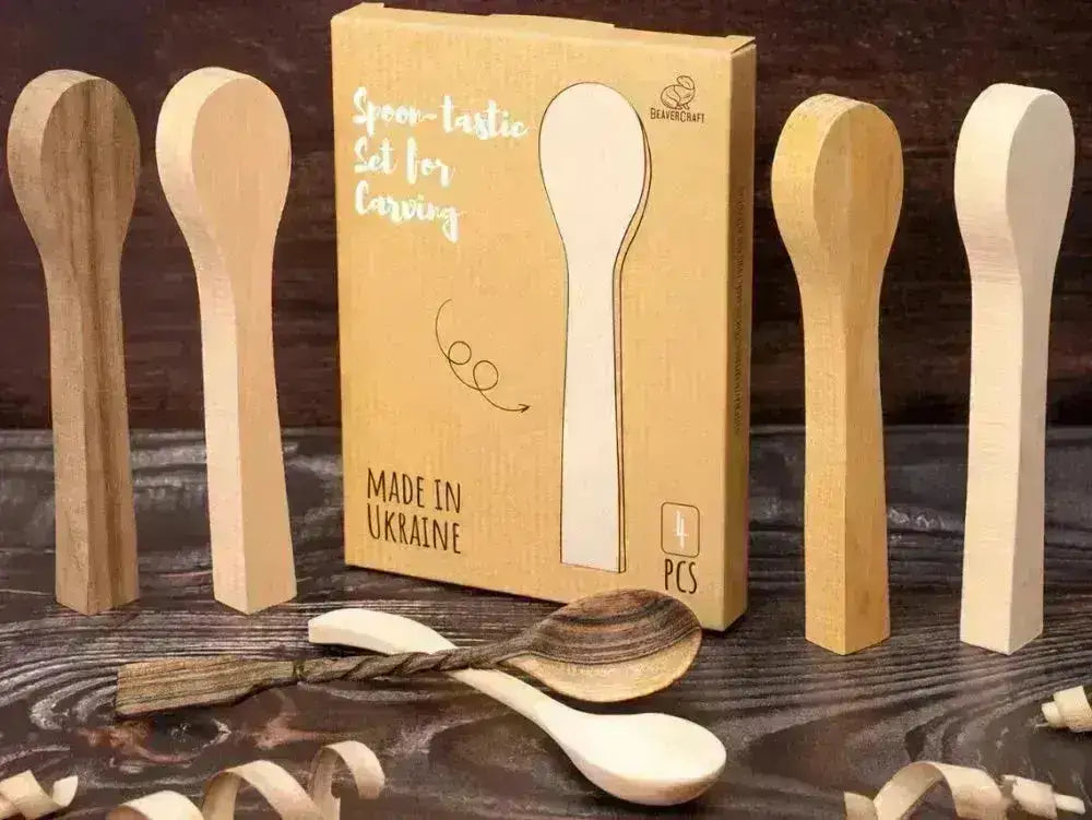 BB2 Emne til Treskjæring Skje - 4stk Pakke - Alm, Lønn, Or, Aprikos - Game-On.no