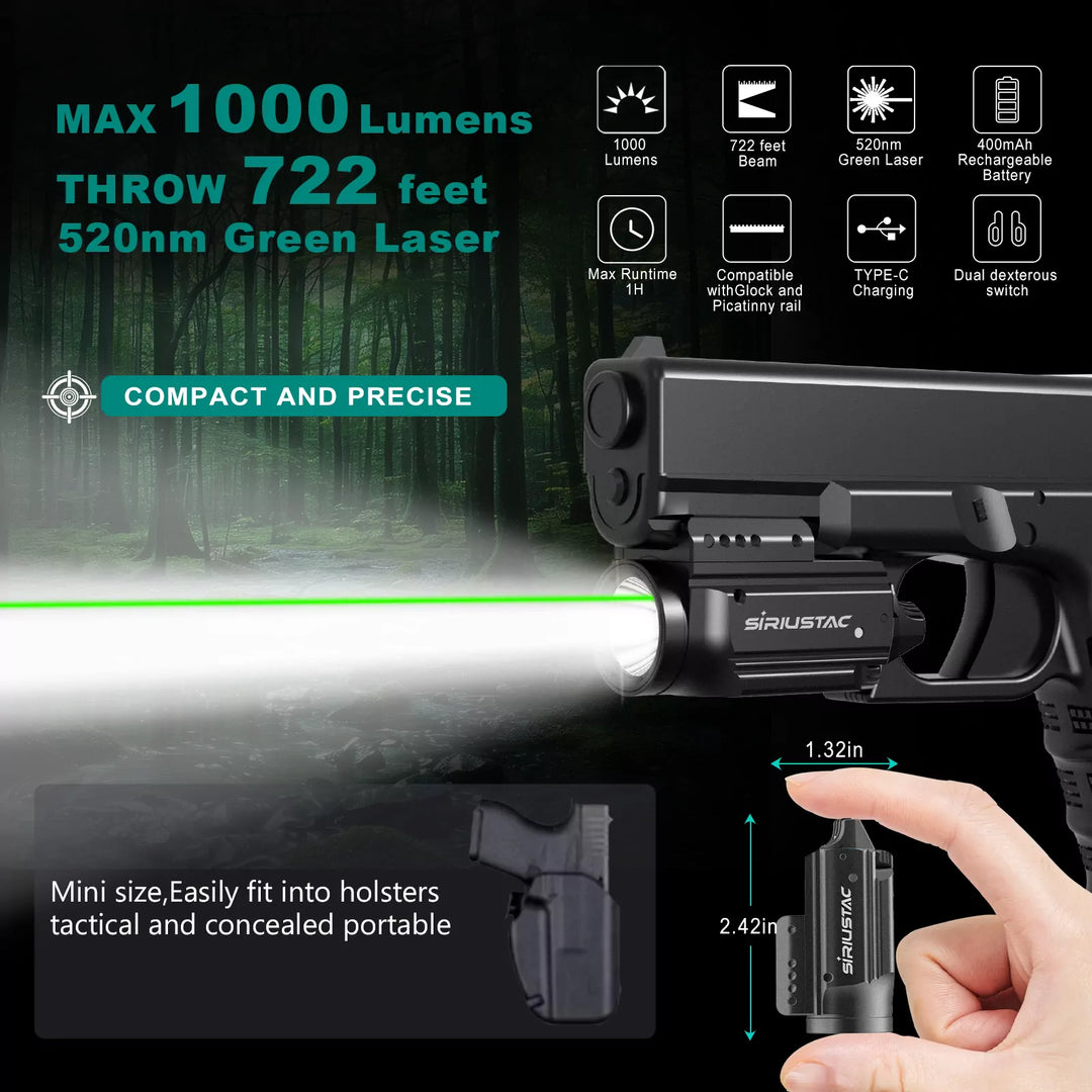 Micro Green Laser and Flashlight (1000 Lumens) for Weapons - 21mm <tc>Rail</tc> - Rechargeable