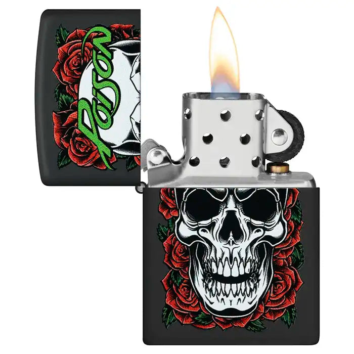 Zippo – Poison «Hodeskalle med Roser» Motiv – Black Matte Lighter