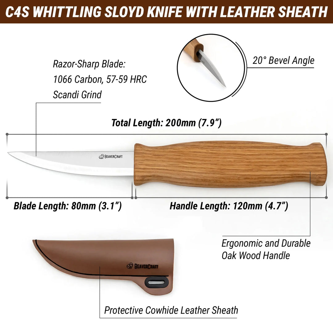 BeaverCraft C4S Spikkekniv m/Skinnslire - mål og detaljer