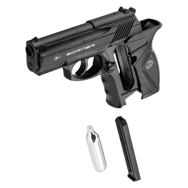 Borner C11 CO2 luftpistol 4.5mm BB, med skaftplate skjøvet tilbake, CO2-patron og magasin