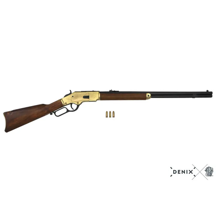 Denix Winchester 1873 replika rifle i gull med tre patroner