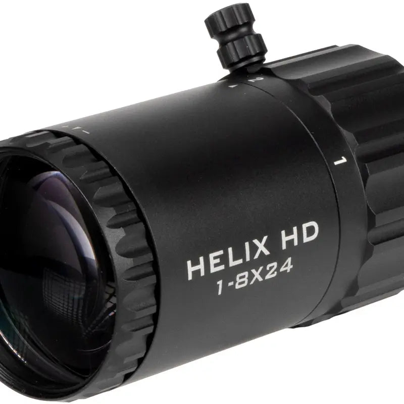 Element Helix HD 1-8x24 LPVO, nærbilde av forstørrelsesring og diopter