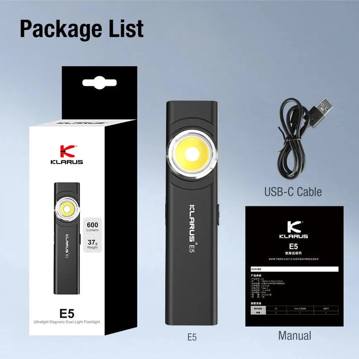 Klarus - E5 Svart - Oppladbar Tur og Lommelykt - 100+600 Lumen - Game-On.no