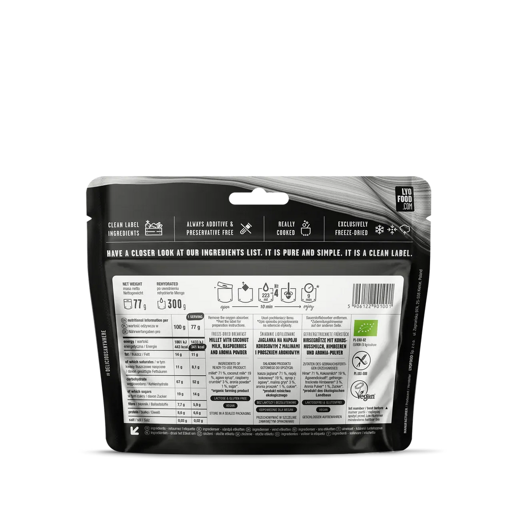 LYOFOOD Raspberry Millet Porridge – Økologisk grøt med hirse, bringebær og aronia - Game-On.no
