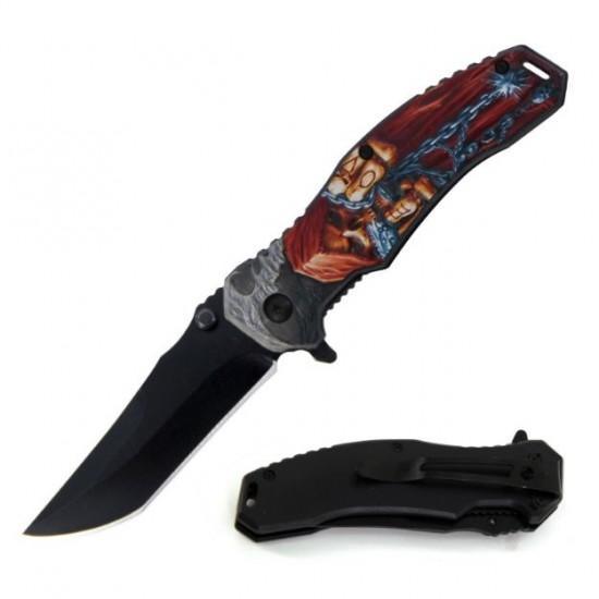 SE - Skull and Chain Folding Knife with Belt Clip - Red - Game-On.no