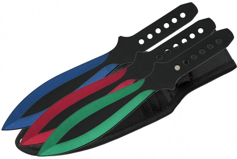 SE - Large Throwing Knives Red/Green/Blue - 3pcs with Sheath - Game-On.no