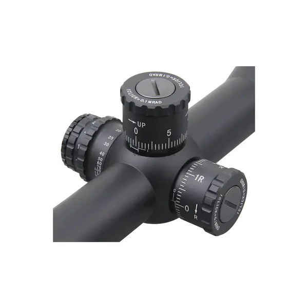 Vector Optics Tauron 6-24x50 HD, nærbilde av zero-stop turret og sidefokus