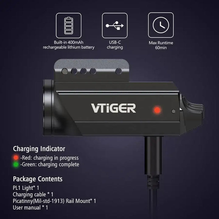 VTiGER - PL1 Oppladbar og Kompakt Lykt til Pistol - 1000 Lumen - 21mm Montasje - Game-On.no