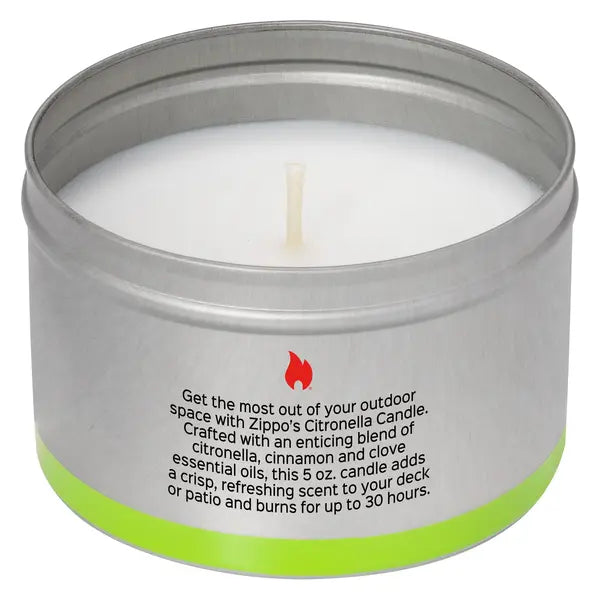 Zippo Citronella lys med kanel og nellik, baksiden med beskrivelse
